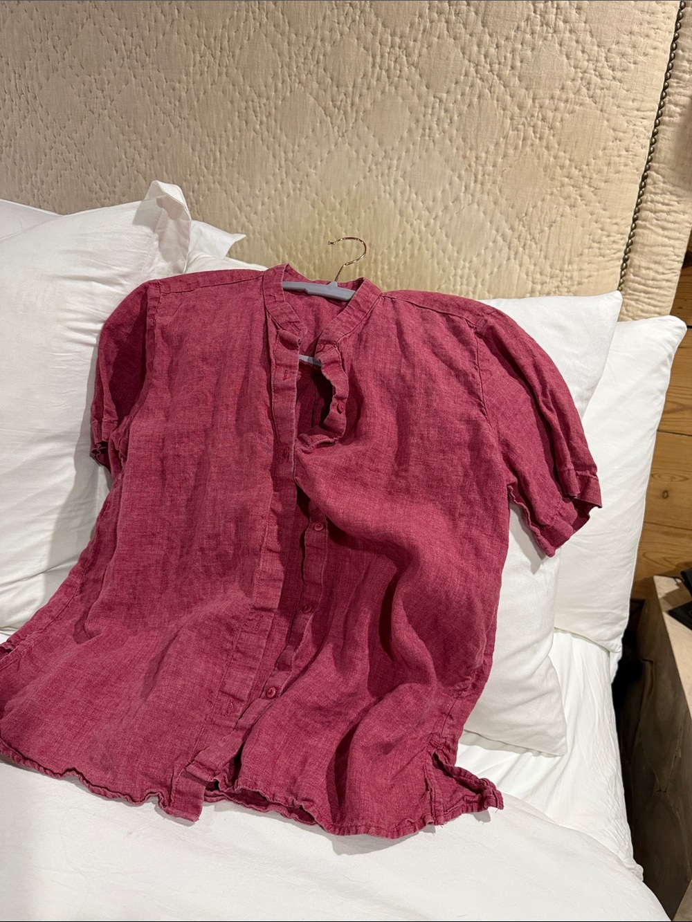 Dusty Rose Eileen Fisher button up short sleeve linen top